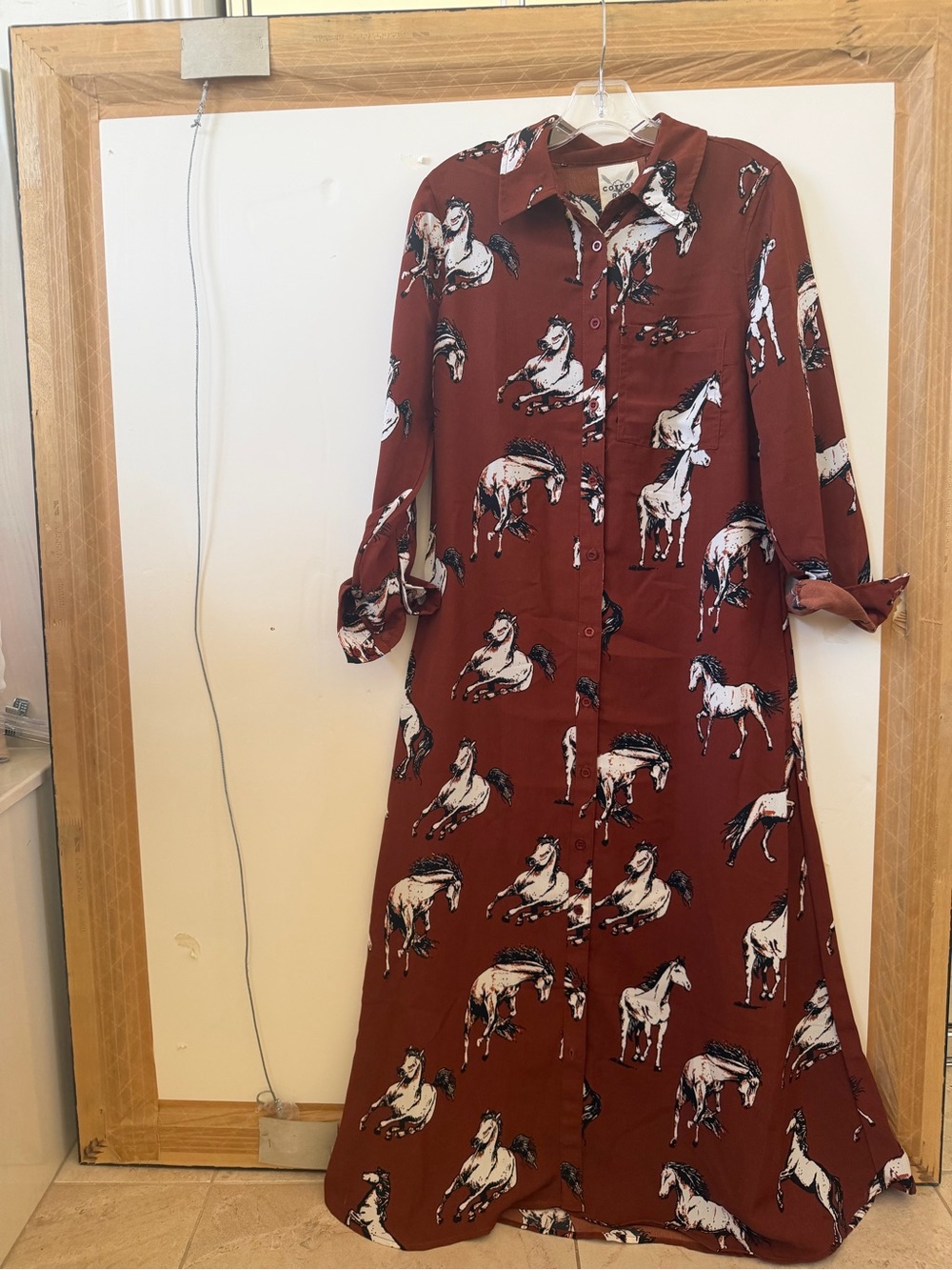 Button-Front Maxi Dress with Horse Print - Rust